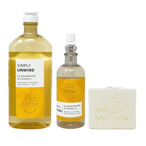 Bath & Body Works Aroma Simply Unwind Sandalwood & Vanilla Body Wash + Foam Bath and Essential Oil Mist Bundle with a Natural Oats - Full Size