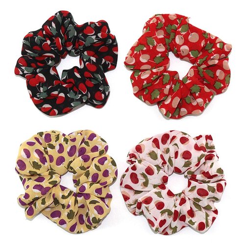 4PCS Elastic Creative Cherry Pattern Hair Scrunchies Hair Bands Chiffon Fabric Hair Ties Scrunchy Hair Rope Ponytail Holder for Women