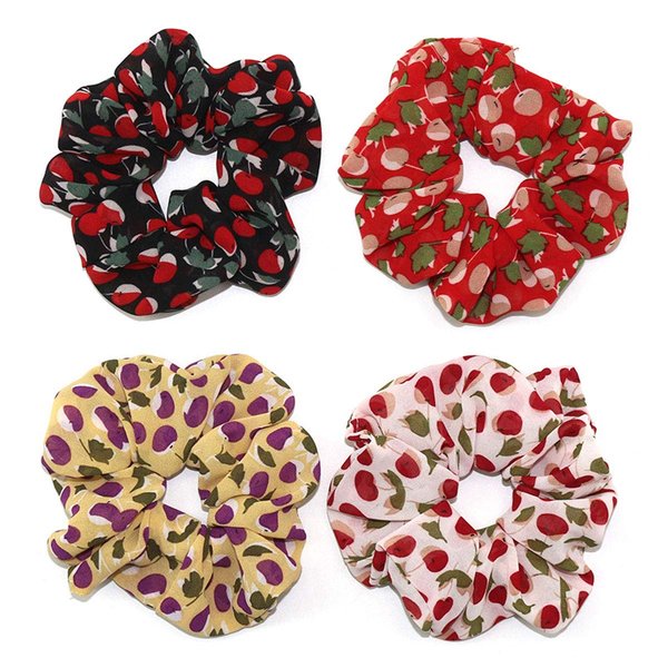 4PCS Elastic Creative Cherry Pattern Hair Scrunchies Hair Bands Chiffon Fabric Hair Ties Scrunchy Hair Rope Ponytail Holder for Women