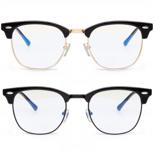 NSSIW Blue Light Glasses for Women and Men, Advanced Computer Glasses, Gaming Glasses, Semi Rimless with Blue Light Blocking, 11 Glossy Black/Golden Rim + Glossy Black/Black Rim, M