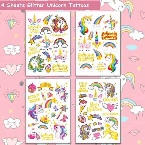 Hohamn Glitter Temporary Tattoos for Girls - 50 Styles Fake Tattoos for Girls Kids Birthday Party Supplies Favors, Baby Shower