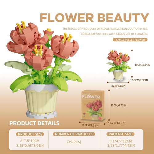 BOROLA Mini Building Block Flower Potted Plants Set, Colorful Cute Small Toy Plant Basket, Creative Block Flower Collection Home Office Decor Desktop Trinkets Birthday Gifts(Paeonia Blocks)