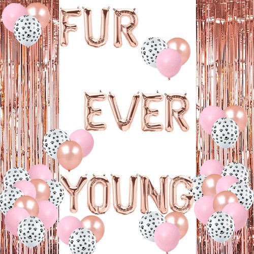 Dog Birthday Party Decorations Rose Gold Fur Ever Young Balloons Dogs/Puppy/Let's Pawty/Dog Bone/Dog Paw Themed Doggie Pet Birthday Party Supplies Decorations