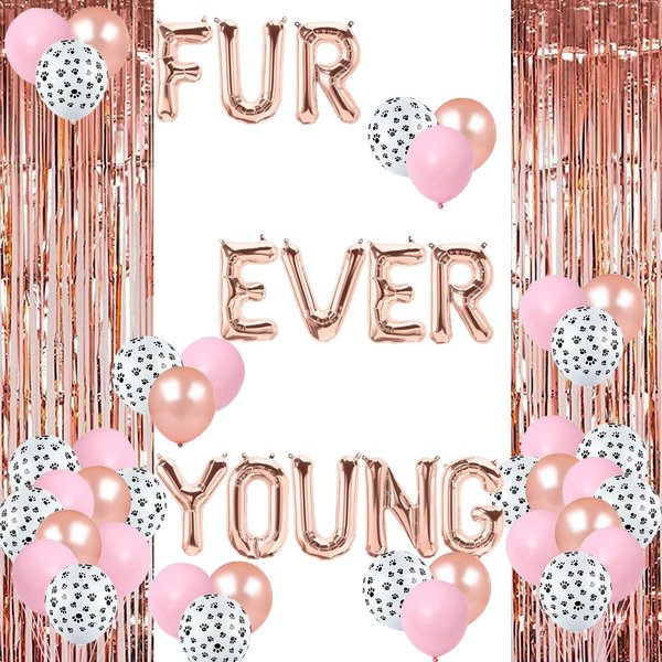 Dog Birthday Party Decorations Rose Gold Fur Ever Young Balloons Dogs/Puppy/Let's Pawty/Dog Bone/Dog Paw Themed Doggie Pet Birthday Party Supplies Decorations