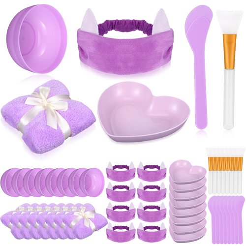 HunnmingRe 48 Pcs Spa Party Supplies for Women Face Mask Mixing Bowl Spa Towel Heart Bowl Stick Spatulas for Sleepover Party(Purple)