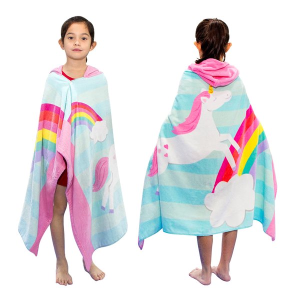 BANGSAUR Kids Hooded Beach Towels, 100% Cotton 50x30 inches Bath Pool Swiming Towel Wrap, Toddlers Girls 3-12 Years Coverup Rainbow Unicorn