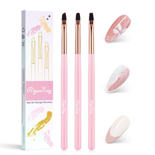 Nail Brushes for Nail Art - 3Pcs Nail Art Brush Set with Flat/Oval/Fine Angled Gel Brush, Nail Extension Tool for Professional DIY Home Salon(Clear Pink)