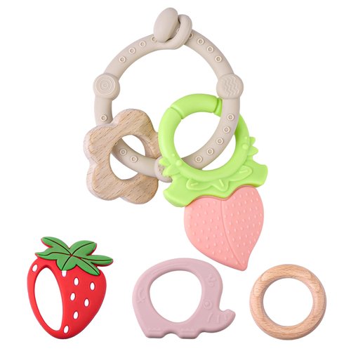 TYRY.HU Baby Teething Ring(6 Pack), Multi Use Baby Toy Ring - Attach Toys & Teethers to Stroller, Car Seat & More,Soft-Textured Sensory Chew Rings & Wood Teether Soothe Babies Gums for Infant,Khaki