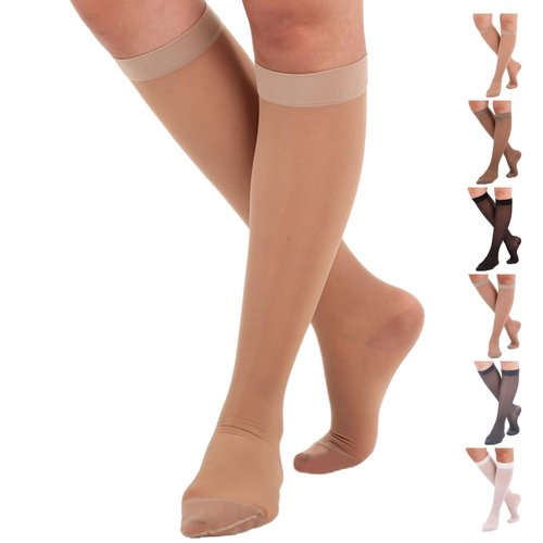 Made in USA - Sheer Compression Socks for Women 15-20 mmHg - Support Hose Knee High Stockings - Natural, Small