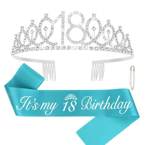 CAVETEE 18th Birthday Crown，Birthday Sash and Crown，18th Happy Birthday Sash for Women 18th Birth...