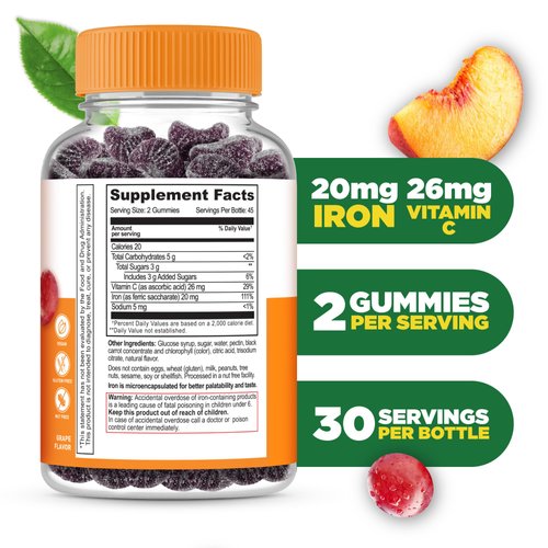 Lifeable Iron Gummies with Vitamin C - 20 mg - Great Tasting Natural Flavor Gummy Supplement - Gluten Free Vegetarian GMO-Free Chewable - for Iron Deficiency - for Adults, Men, Women - 90 Gummies