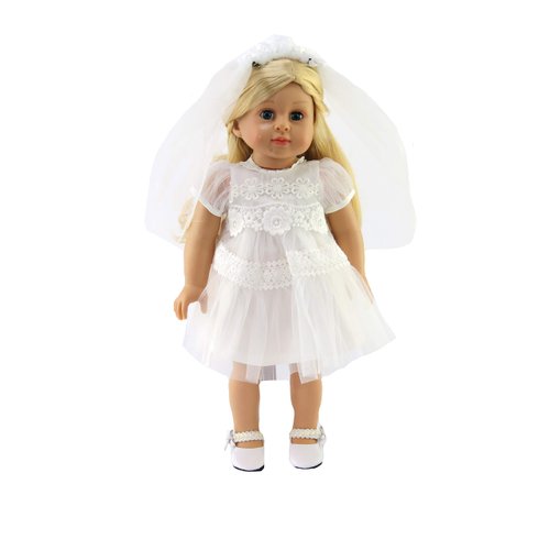 American Fashion World White Communion Dress Set for 18-Inch Dolls | Veil Included | Premium Quality & Trendy Design | Dolls Clothes | Outfit Fashions for Dolls for Popular Brands