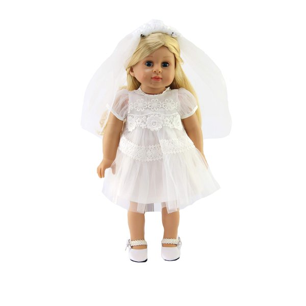 American Fashion World White Communion Dress Set for 18-Inch Dolls | Veil Included | Premium Quality & Trendy Design | Dolls Clothes | Outfit Fashions for Dolls for Popular Brands