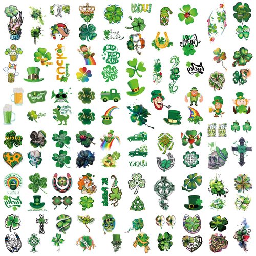 St Patricks Day Temporary Tattoos 77 Sheets for Men Women, Shamrock, Clover, Green Top Hat, Skull, Beer, Leprechauns Fake Tattoo Sticker Party Favors for Adults and Kids