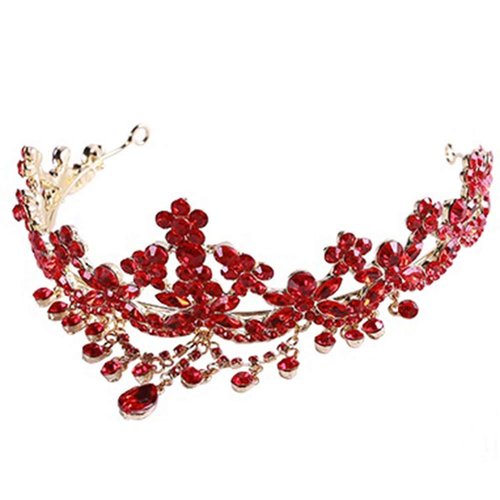 Baroque Gold Metal Queen Pageant Crown Mermaid Bride Princess Red Rhinestone Tiara Headband