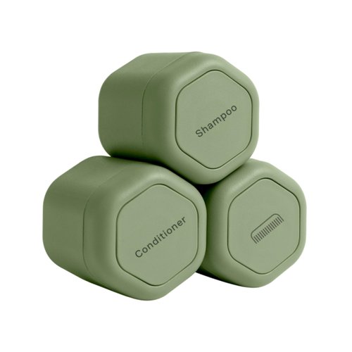 Cadence Travel Containers - Haircare Set - Magnetic Travel Capsules - For Shampoo, Conditioner, Hair Styling Product - 3 Flex Mediums (1.32oz) with Shampoo, Conditioner & Comb Icon Labels - Eucalyptus