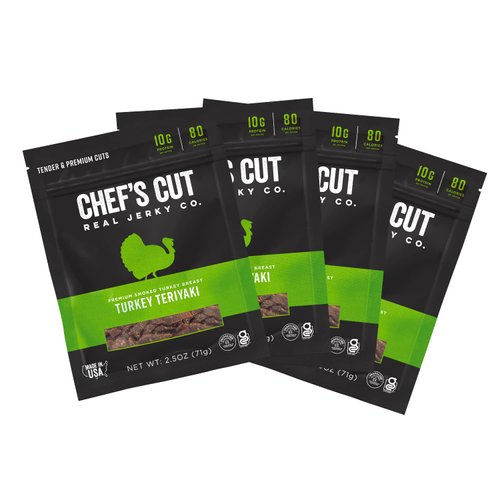 Chef's Cut Turkey Jerky, Teriyaki, High Protein Meat Snack, 10g of Protein and 80 Calories, Gluten Free, Premium Smoked Turkey Breast - 2.5 Ounce (Pack of 4)