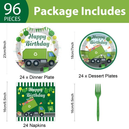 96 Pcs Garbage Truck Birthday Party Plates and Napkins Party Supplies Trash Trucks Party Tableware Set Waste Management Recycling Party Decorations Favors for Birthday Baby Shower for 24 Guests