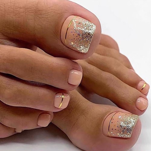 24Pcs Nude Press on Toenails Short Square Fake Toenails Nails French Gel Nail Tips Gold Glitter Designs Full Cover Acrylic Toe Nail Press ons False Toenails for Women Reusable Acrylic Nail Decor