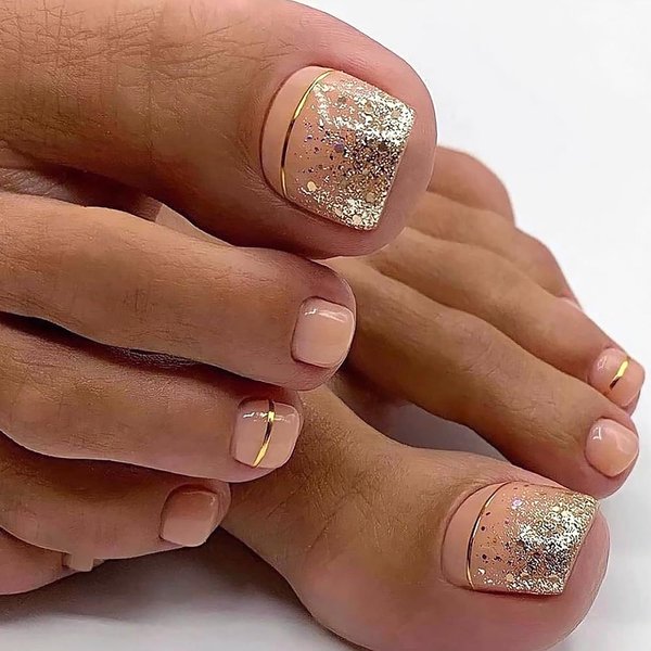 24Pcs Nude Press on Toenails Short Square Fake Toenails Nails French Gel Nail Tips Gold Glitter Designs Full Cover Acrylic Toe Nail Press ons False Toenails for Women Reusable Acrylic Nail Decor