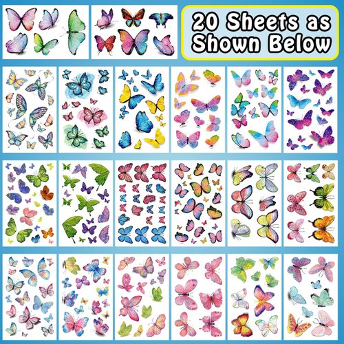 Leesgel 260 Style (20 Sheet) Butterfly Temporary Tattoo Kids, Glitter Butterfly Temporary Tattoos for Girls Birthday Party, Butterfly Party Decorations Supplies