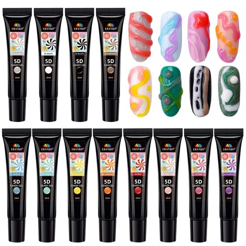 EBANKU 12 Colors 5D Carving Nail Gel Polish Soft Candy Nail Sculpture Painting Gel Soak Off Cute Jelly Macaron Modeling Glue for DIY Nail Art Designs