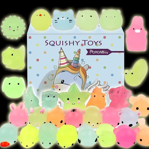 POKONBOY Mochi Squishy Toys Glow in The Dark for Party Favors - 30 Pack Mini Kawaii Cute Animal Squishies Stress Relief Squishy Animals Mochi Cat Squishy with Gift Box