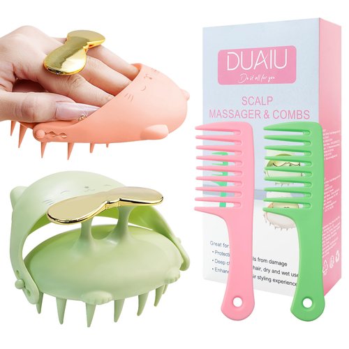 DUAIU Comb Set, 2 Pcs Wide Tooth Comb and 2 Pcs Scalp Massager Hair Growth, Soft Silicone Bristles Shampoo Brush, Detangling Comb and Scalp Scrubber for Curly Long Wet Dry Styling Hair (Pink & Green)