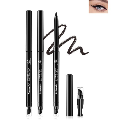 Black Waterproof Eyeliner Gel Pencil- 2Pcs Smudge Proof Long Lasting Retractable Eyeliner Pen, Matte Cream Eyeliner Waterline, Smoky Makeup Eye Liner Pencils for Women, Built-In Sharpener & Smudger-01