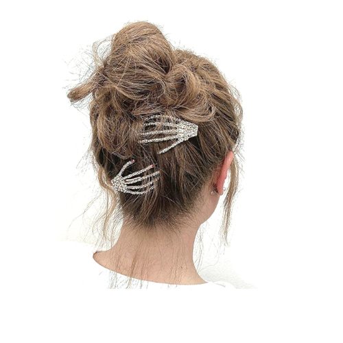Rhinestone Skull Hand Hair Clips Halloween Costume Cosplay Horror Hair Clips for Women Halloween Skeleton Hand Hair Clip Barrettes Hairpin Halloween Gifts for Women Girls