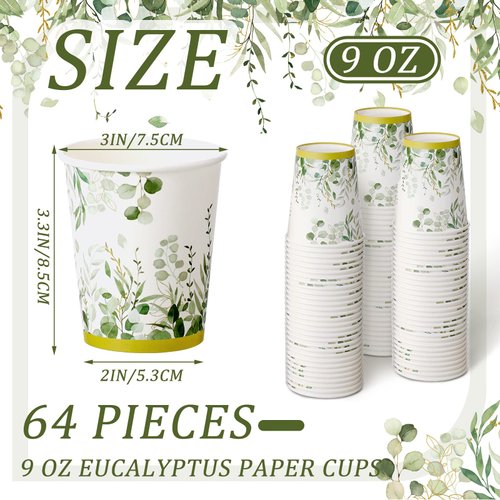 64 Pcs Eucalyptus Cups Greenery Paper Cup 9 oz Disposable Coffee Paper Cups for Sage Green Party Decorations Bridal Shower Paper Cups Green Paper Cups for Baby Shower Holidays Birthday Wedding