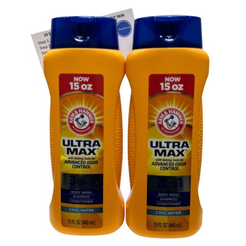 ThisNThat Ultra Max 3-in-1 Body Wash, Shampoo, Conditioner Bundle: ThisNThat Tip Card & (2) Arm Hammer 15oz Cool Water Bottles