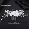 Teyglen Bride Wedding Flower Hair Comb Silver Leaf Headpiece Bridal Pearl Crystal Hair Piece Decorative Hair Accessories for Bride Dainty White Flower Side Comb for Women Girls