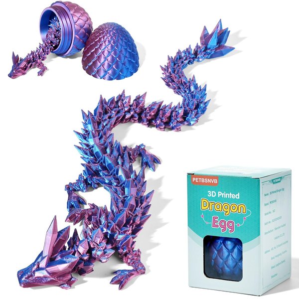 PETBSNVB 12" 3D Printed Dragon in Easter Eggs, Easter Basket Stuffers, Crystal Dragon Surprise in Eggs, Articulated Dragon, Dragon Fidget Toy, Home Office Decor Executive Desk Toy (Laser Purple)