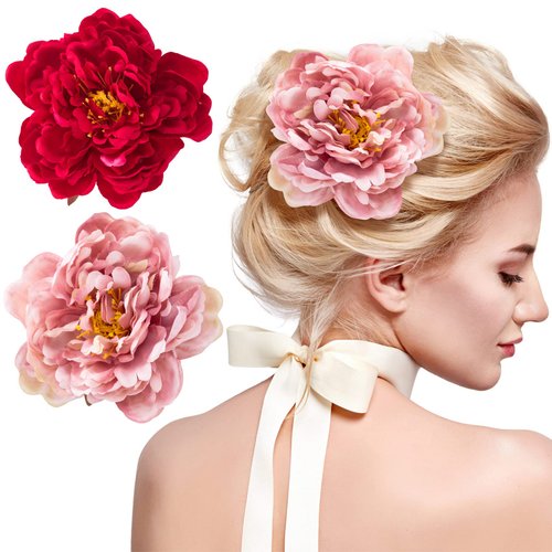 Joez Wonderful 2Pcs Peony Flower Hair Clips for Women, 2 in 1 Pink Red Flower Brooch, Floral Hairpins for Women Girls Brides Party Wedding Decor Hair Accessories