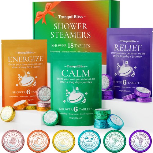 TranquilBliss 18 Pack Shower Steamers with 6 Smoothing Long-Lasting Scents, Shower Bath Bombs with Natural Fragrance, Self-Care and Relaxation Gifts for Women and Men, Easter Basket Stuffers