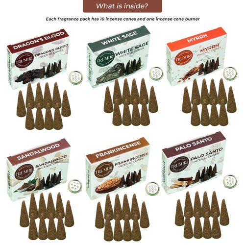 Trumiri Woody Incense Cones - Variety Pack - Total 60 Cone Incense (6 Scents x 10 Conos) - White Sage, Palo Santo, Dragons Blood, Sandalwood - Cone Incense Scents - Insense Cones - Incent Cone