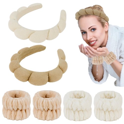 Casoty Face Wash Headband and Wristband Set, Puffy Headband for Women Girls, Skincare Headbands for Face Washing Shower Skin Care Yoga