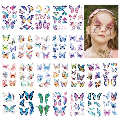 24 Sheets Glitter Butterfly Temporary Tattoos - 160+Styles Fake Tattoos for Women Girls Eye Face - Waterproof Long Lasting Temporary Tattoos for Birthday Party Decorations Festival Supplies
