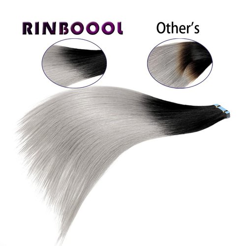 RINBOOOL Black Ombre Tape in Hair Extensions, 14 Inch 40 Gram 20 Pieces, Pre-taped, 100 Real Remy Human Hair, Black Rooted to Grey