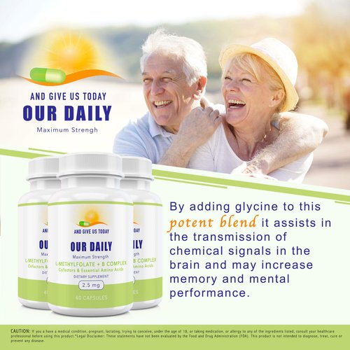Our Daily Vites L-Methylfolate B Complex Cofactors & Essential Amino Acids (2.5mg) - Active Folate, Methylated B12 Methylcobalamin, B6 and Glycine - 60 Count