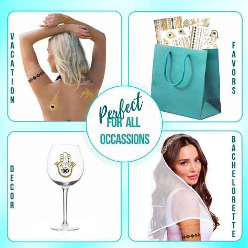 Terra Tattoos Gold Metallic Tattoo Flash Sheets Designs of Feathers, Arrows, Dream Catcher Face Tattoos for Women Waterproof Nontoxic Long Lasting 75+ Designs for Vacation, Festivals Parties - Gold