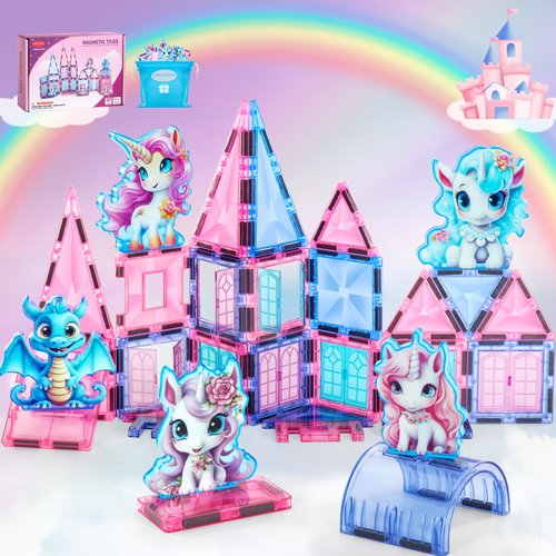 VANLINNY Unicorn Toys for Girls Age 4-6,Unicorn Magnetic Tiles Frozen Toys for Girls Age 4-8,Valentines Day Gifts for Kids,Magnet Building Blocks,Birthday Gifts for 3 4 5 6 Year Old Girls and Boys.