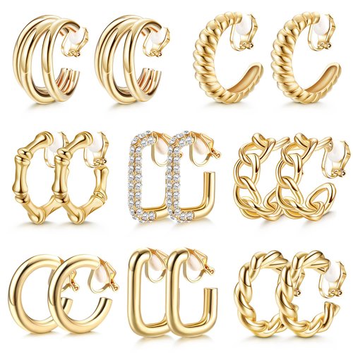 FASACCO Gold Clip On Hoop Earrings for Women Fashion Clip on Earrings Twist Round Geometric Chunky Hoop Clip Earrings No Piercing Fake Earrings, Gold