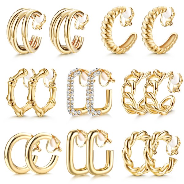 FASACCO Gold Clip On Hoop Earrings for Women Fashion Clip on Earrings Twist Round Geometric Chunky Hoop Clip Earrings No Piercing Fake Earrings, Gold