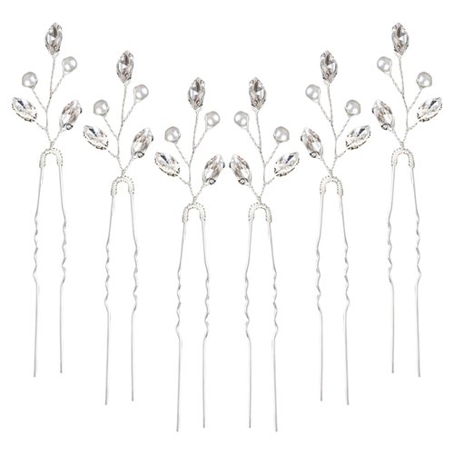 Generic 6PCS Rhinestone Hair Pins with Pearls and Crystals, Silver, for Women and Girls, Wedding, Bridal, Bridesmaids, u shaped hair pins crystal hair accessories, flower girl hair clip, Silver/white