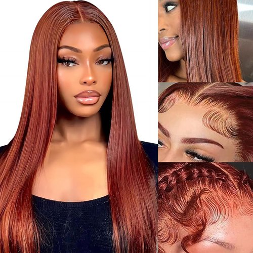 Reddish Brown Lace Front Wigs Human Hair Straight 180% Density 13X6 HD Straight Lace Front Wig Copper Red Lace Front Wig Auburn Wig Human Hair 20 Inch Pre Plucked with Baby Hair for Beginner