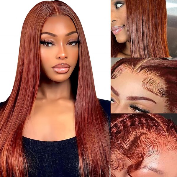 Reddish Brown Lace Front Wigs Human Hair Straight 180% Density 13X6 HD Straight Lace Front Wig Copper Red Lace Front Wig Auburn Wig Human Hair 20 Inch Pre Plucked with Baby Hair for Beginner
