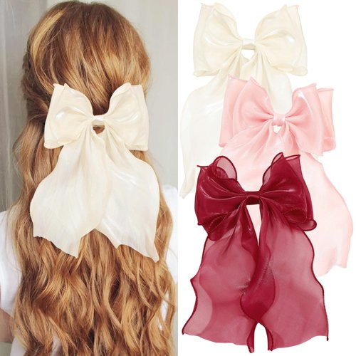 3Pcs Hair Bows for Women Big Bow Barrettes Girl's Silky Hairclips Long Ribbon Bow Hair Clips with Long Tails Vintage Hair Accessories for Women For Party (burgundy,white,pink)