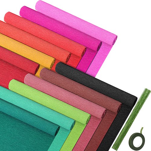 12 Rolls Crepe Paper Rolls 12 Colors Wide Crepe Paper Streamer 10 Inch x 8 Feet Assorted Streamers with Floral Stem Wire and Green Floral Tapes for Birthday Party Ornament (9.8 Inch, Elegant Colors)